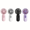 Four handheld mini USB rechargeable fans in pink, silver, black, and purple colors