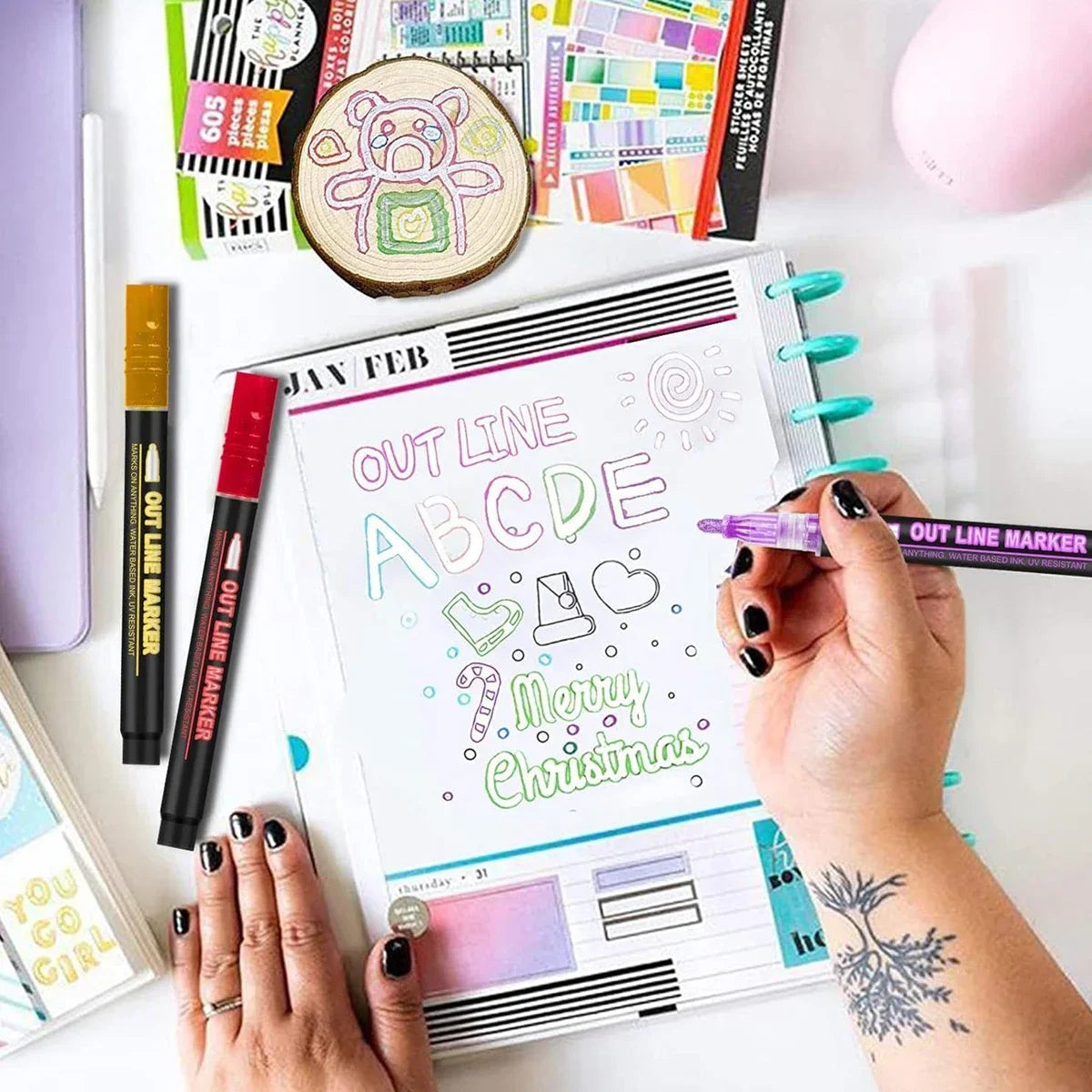 Double Line Outline Pens with Metallic Glitter (Set of 8)