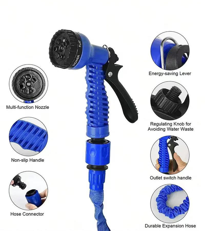 A blue expandable magic hose with a flat nozzle, featuring an energy-saving lever and durable construction.