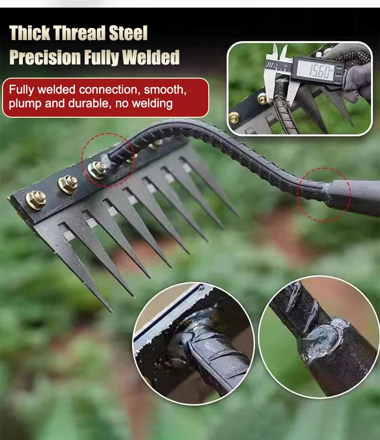 Close-up of a black garden hand rake with a metal head and wooden handle, showing the fully welded connection.