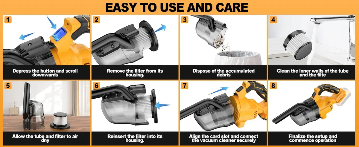 Eight steps showing how to use and care for a cordless handheld vacuum cleaner.