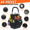 A black heavy-duty 44-pocket electrician tool bag showing various quick-access openings and compartments.