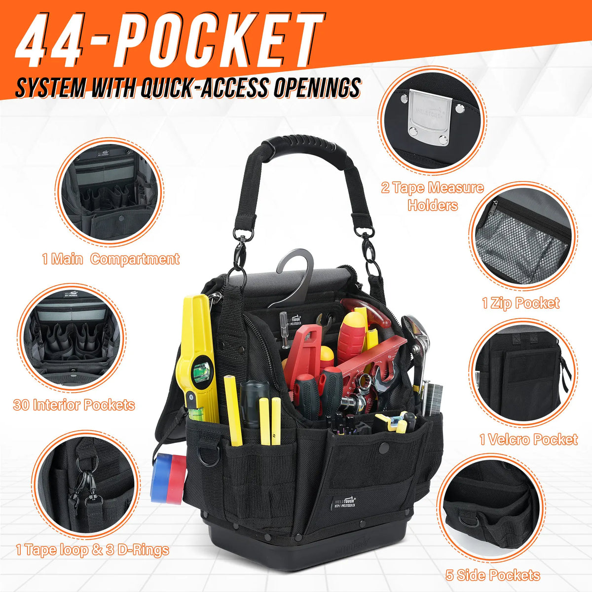 A black heavy-duty 44-pocket electrician tool bag showing various quick-access openings and compartments.
