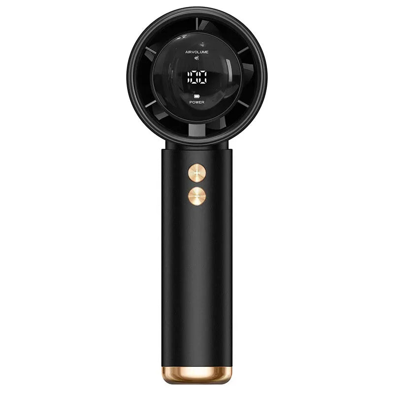Ventilador portátil negro recargable de mano con rejilla redonda y cuerpo cilíndrico con detalles dorados.