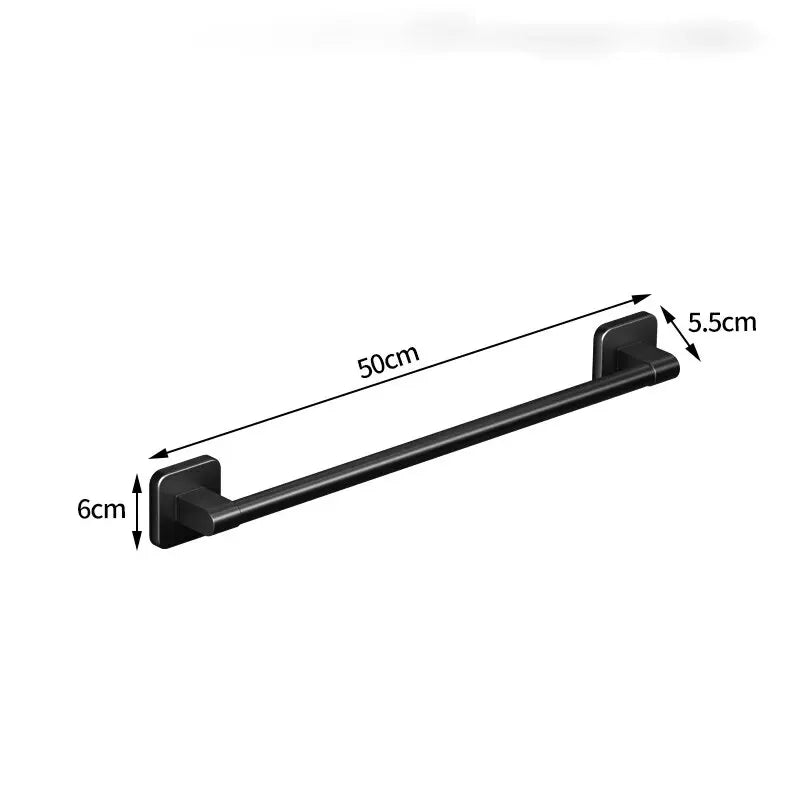 Black wall-mounted towel rack with adhesive mounting shown with dimensions 50cm long and 6cm high.