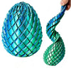A teal and green dragon twist egg stress reliever is shown, with one end twisted into a spiral shape.