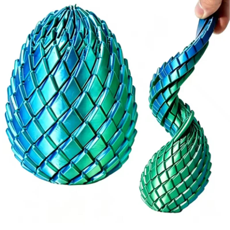 A teal and green dragon twist egg stress reliever is shown, with one end twisted into a spiral shape.