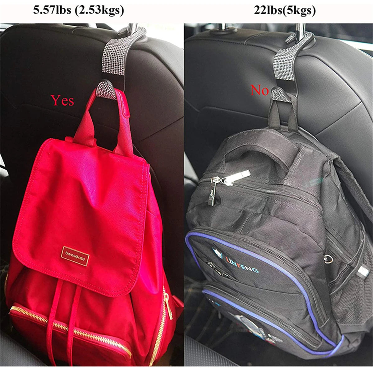 A red car seat storage bag with a hook and a black backpack with a hook, demonstrating the set.