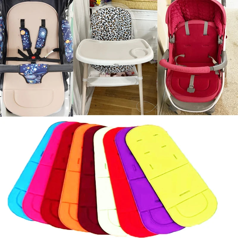 A collection of brightly colored, soft, breathable, and portable stroller seat cushions in various shades including pink, red