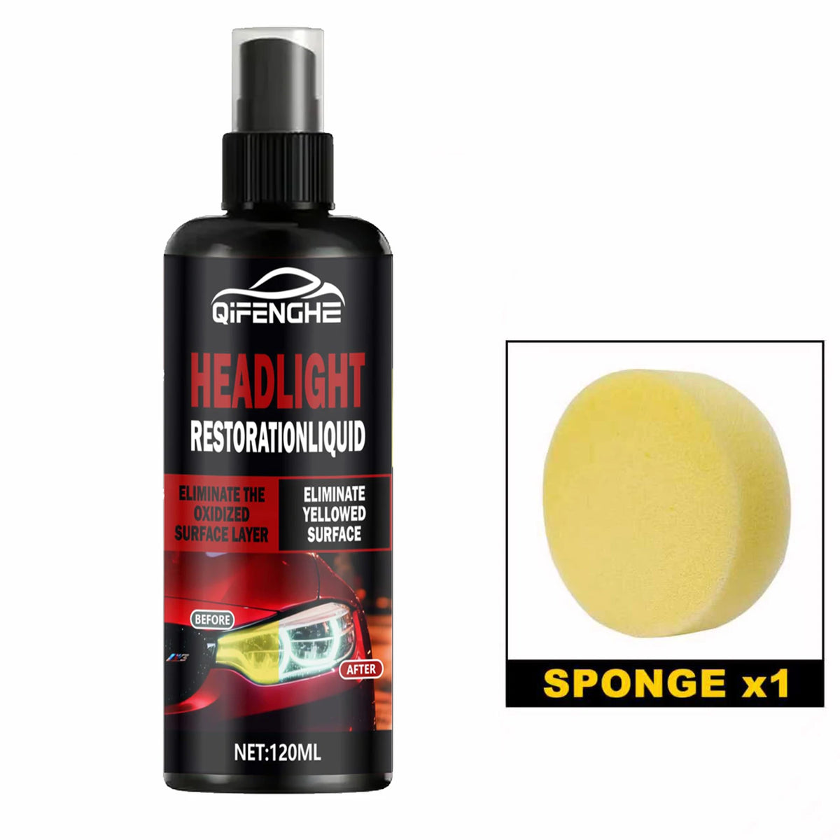 A black bottle of Qifenghe Headlight Restoration Liquid with a yellow sponge included for surface cleaning