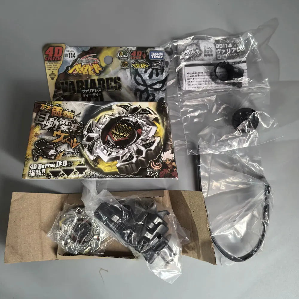 A set of 4D Bottom D:D metal spinning tops and related accessories for a battle game.