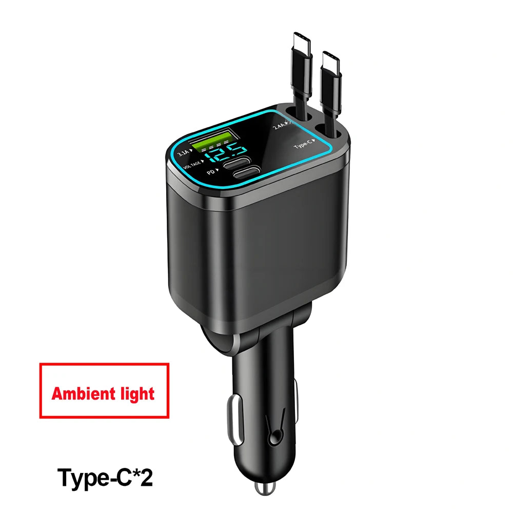 7-in-1 120W Car Charger with Retractable Cables and Digital Voltmeter