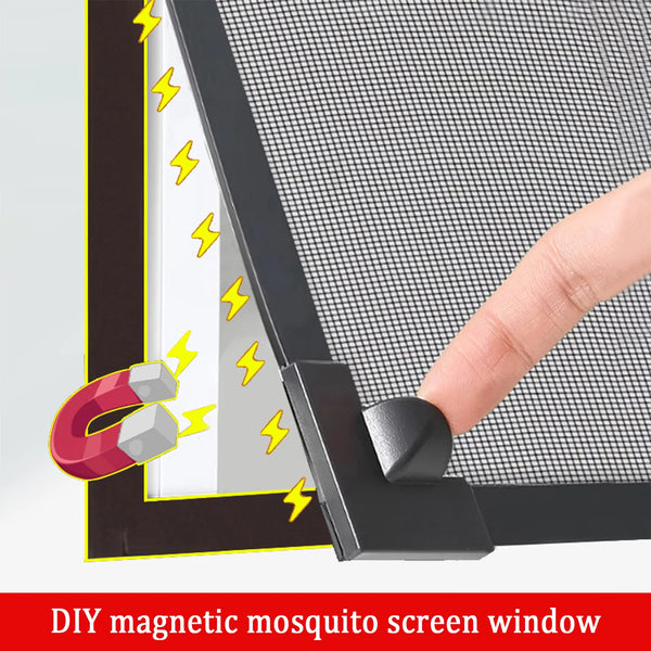 A hand is shown applying a magnetic mesh mosquito screen window to a dark frame, demonstrating its installation.