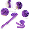 Purple silky satin sleep cap with a wide band shown in various styles and dimensions