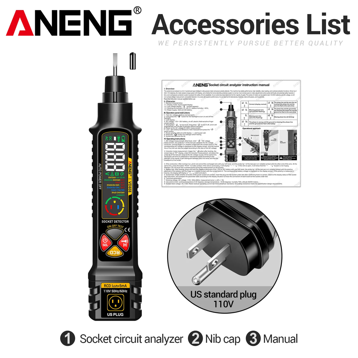 Socket Tester with AC/DC Voltage Detection and Polarity Check