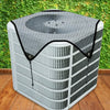 A white outdoor air conditioner unit covered with a breathable black mesh fabric.