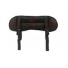 Black travel neck pillow and sleep mask with adjustable head support showing dimensions.