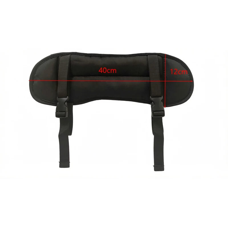 Black travel neck pillow and sleep mask with adjustable head support showing dimensions.