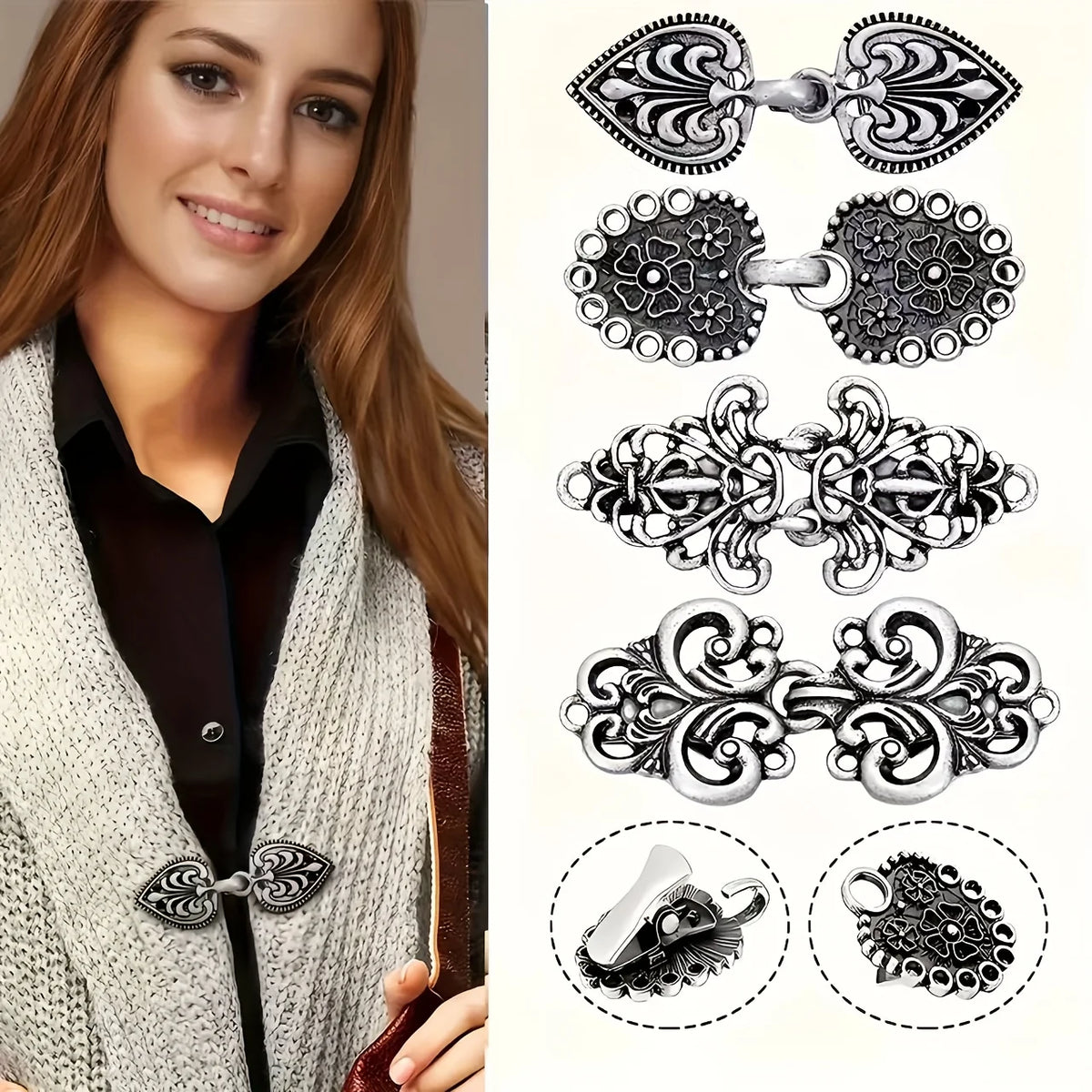 Silver and black vintage rotating sweater clips for cardigans and shawls displayed on a model.