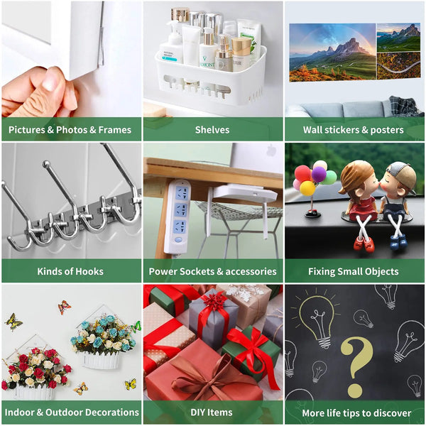 A collection of various home decor items including shelves, hooks, power sockets, and DIY materials.