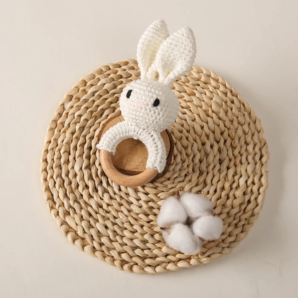 Handmade Crochet Bunny Rattle with Wooden Teether for Babies