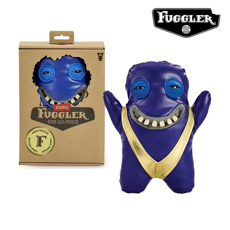 A purple Fuggler Ugly Monster plush toy with large teeth and a gold collar is shown next to its packaging.