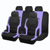 A set of black and purple two-tone car seat covers shown in a row.
