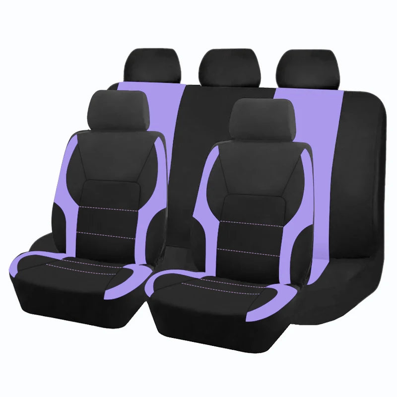 A set of black and purple two-tone car seat covers shown in a row.