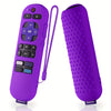 A purple silicone remote cover for a Roku device shown next to its attached purple cord.