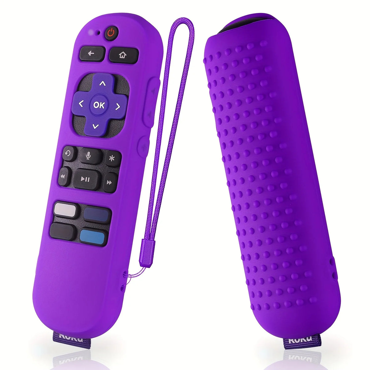 A purple silicone remote cover for a Roku device shown next to its attached purple cord.