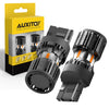 A box and two amber LED turn signal bulbs for T20 / W21W sockets are shown.
