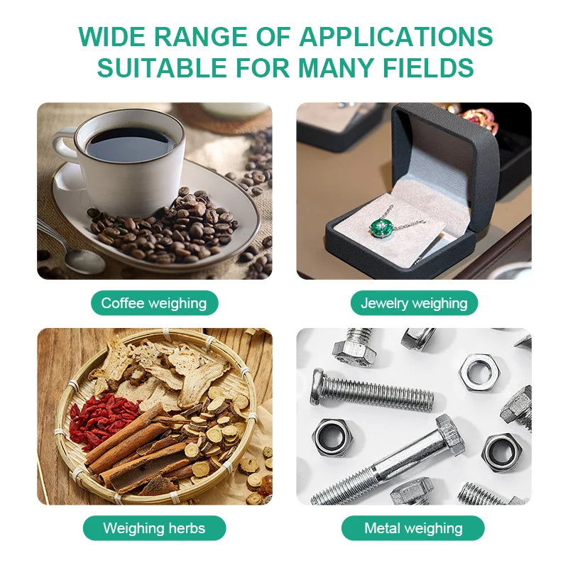 A pocket digital scale with a backlit LCD is shown next to various items like coffee beans, jewelry, and herbs.