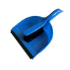 A bright blue compact handheld dustpan and brush set with a long handle.