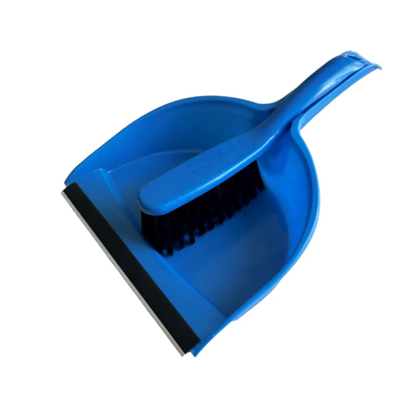 A bright blue compact handheld dustpan and brush set with a long handle.