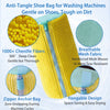 Yellow anti-tangle shoe bag made of chenille fibers with a zipper for gentle cleaning in washing machines.