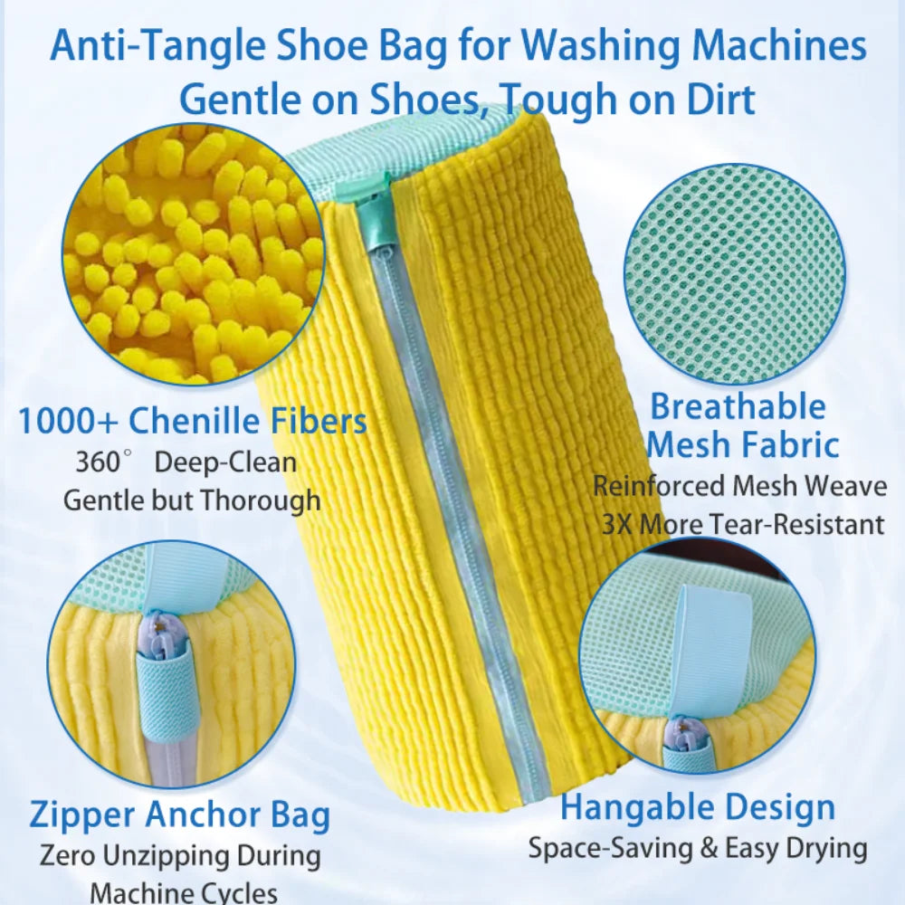 Yellow anti-tangle shoe bag made of chenille fibers with a zipper for gentle cleaning in washing machines.