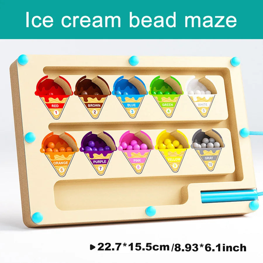 A wooden ice cream bead maze board with ten colored ice cream cones for sorting and learning