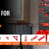 Red wall-mounted storage bins and diverse tool accessories organized in a black panel.