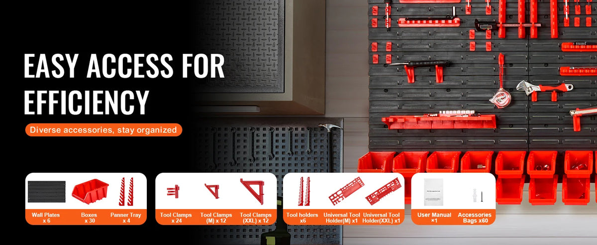 Red wall-mounted storage bins and diverse tool accessories organized in a black panel.