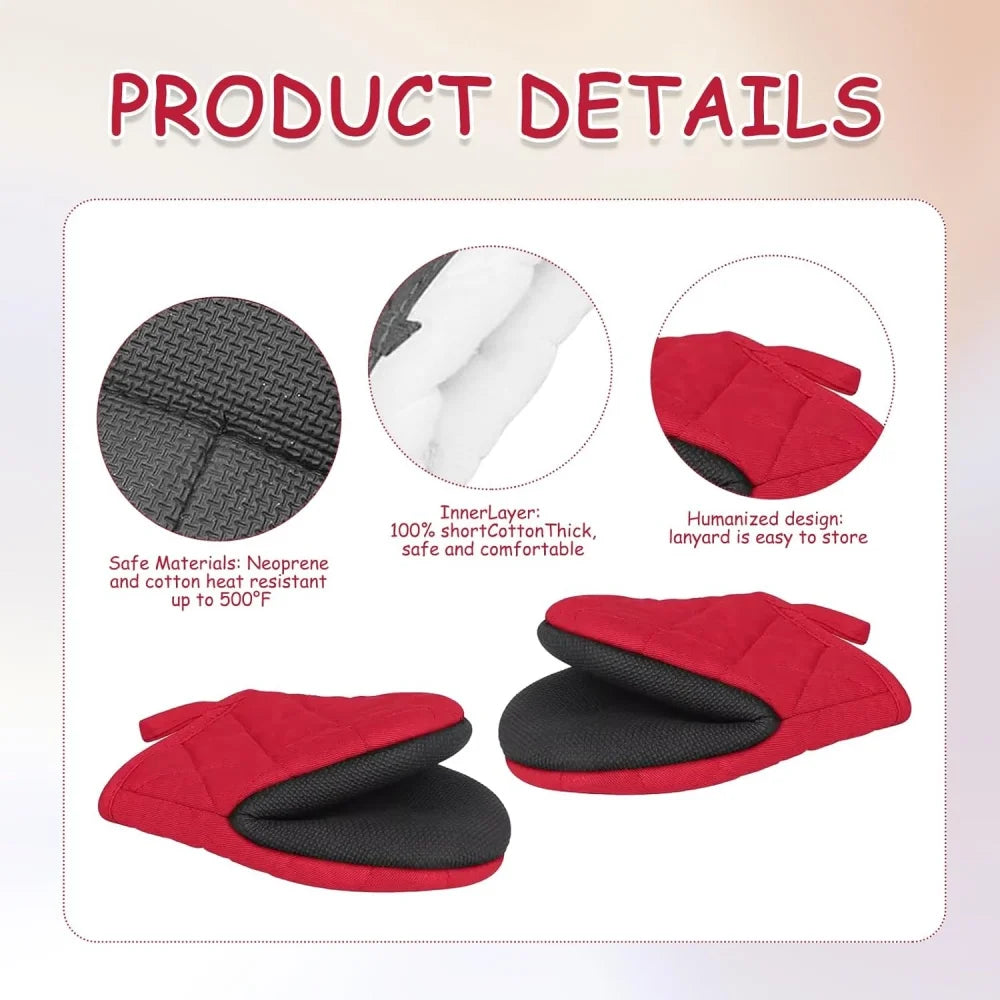 A set of red and black heat-resistant silicone oven mitts with a non-slip grip shown in various views.
