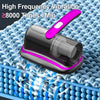 A handheld vacuum cleaner with a purple handle is shown vibrating on a blue mesh surface.