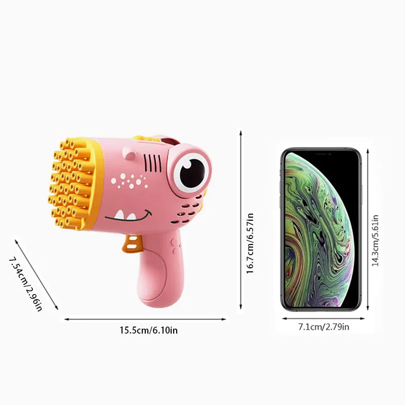 Pistolet à bulles de dinosaure rose avec poignée texturée et vue claire de l'appareil.