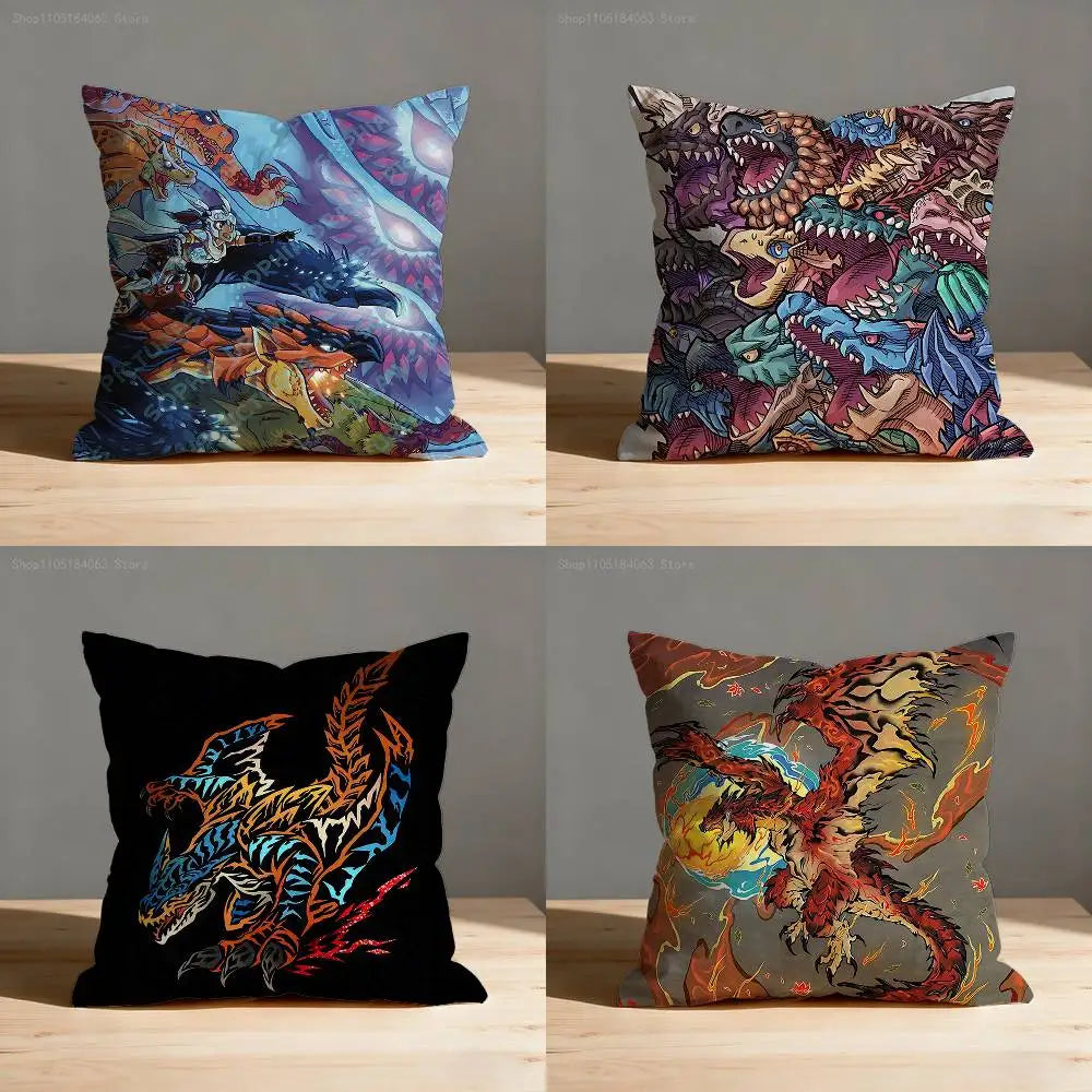 A set of four cushions featuring detailed illustrations of Monster Hunter Rathalos and Nargacuga dragons.