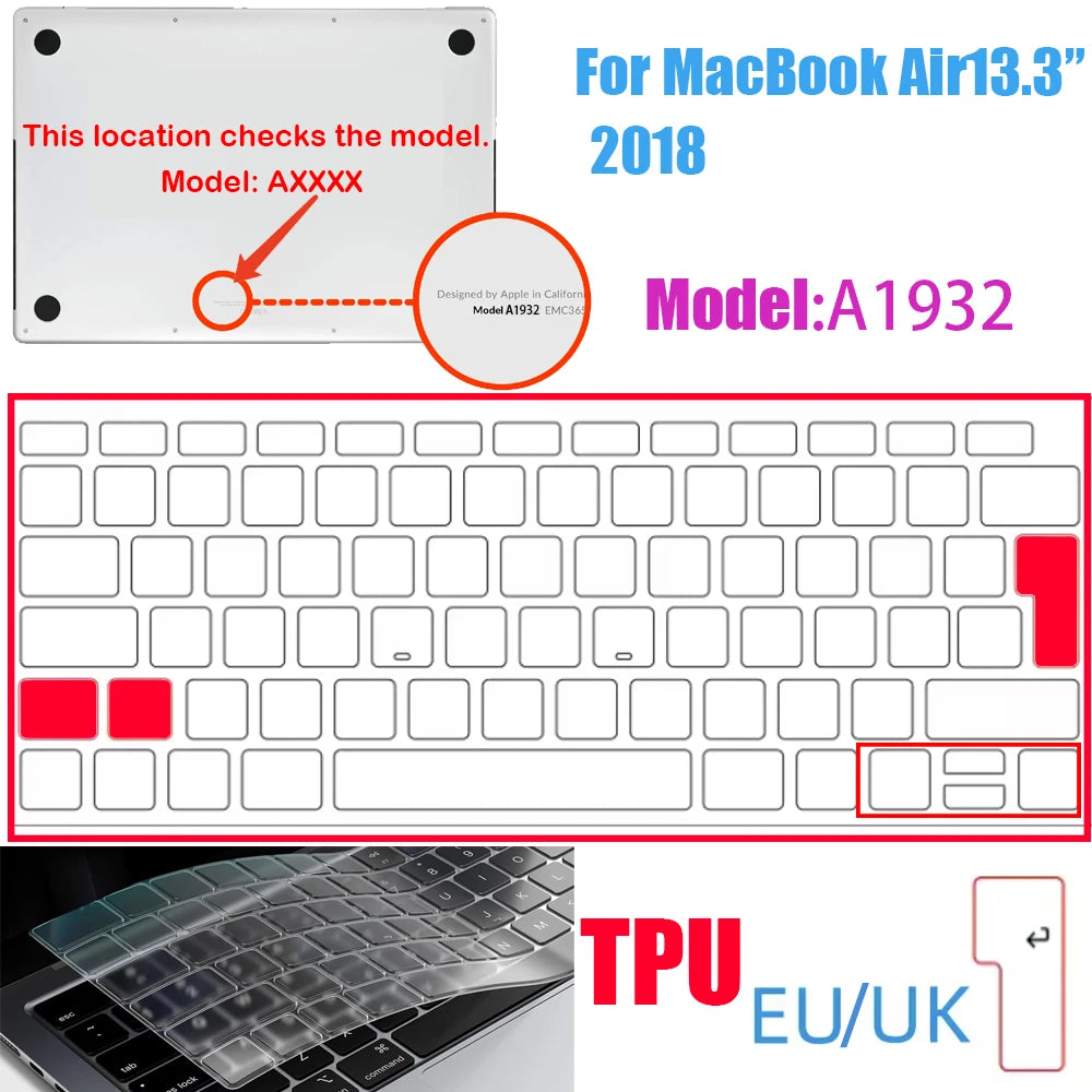 Ultra-thin TPU keyboard cover for a MacBook Air, showing the keyboard and a red TPU keycap.