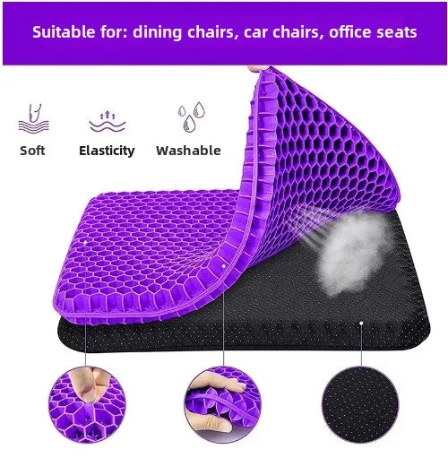Cojín de asiento de gel de panal morado en varias vistas con base negra.