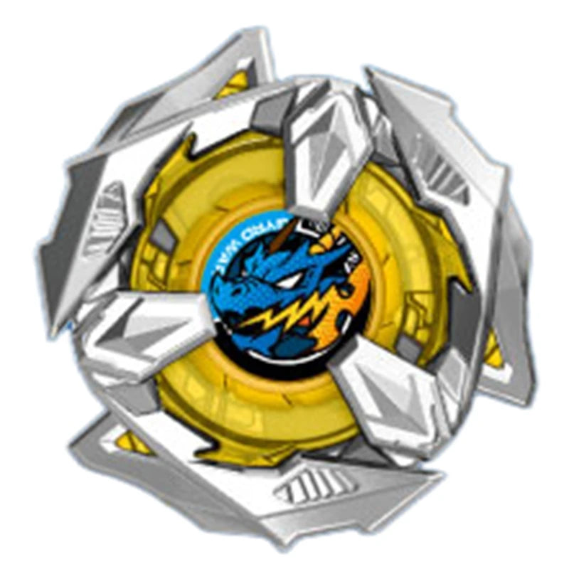 A silver metal spinning top with a central blue dragon design.