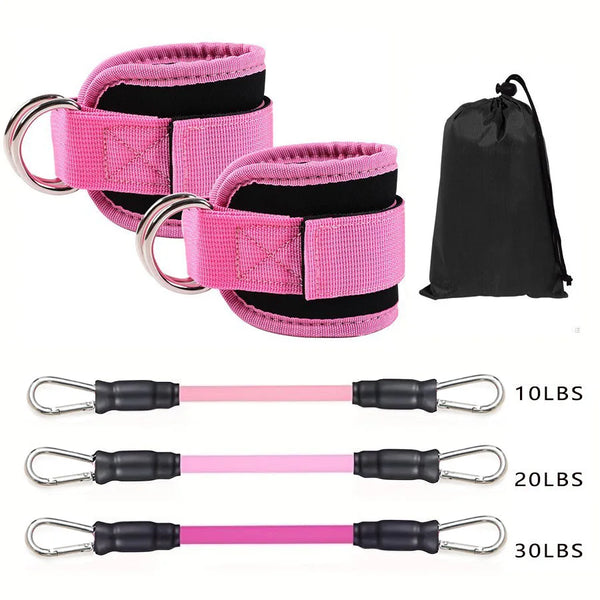 Pink and black ankle resistance bands shown with various resistance levels