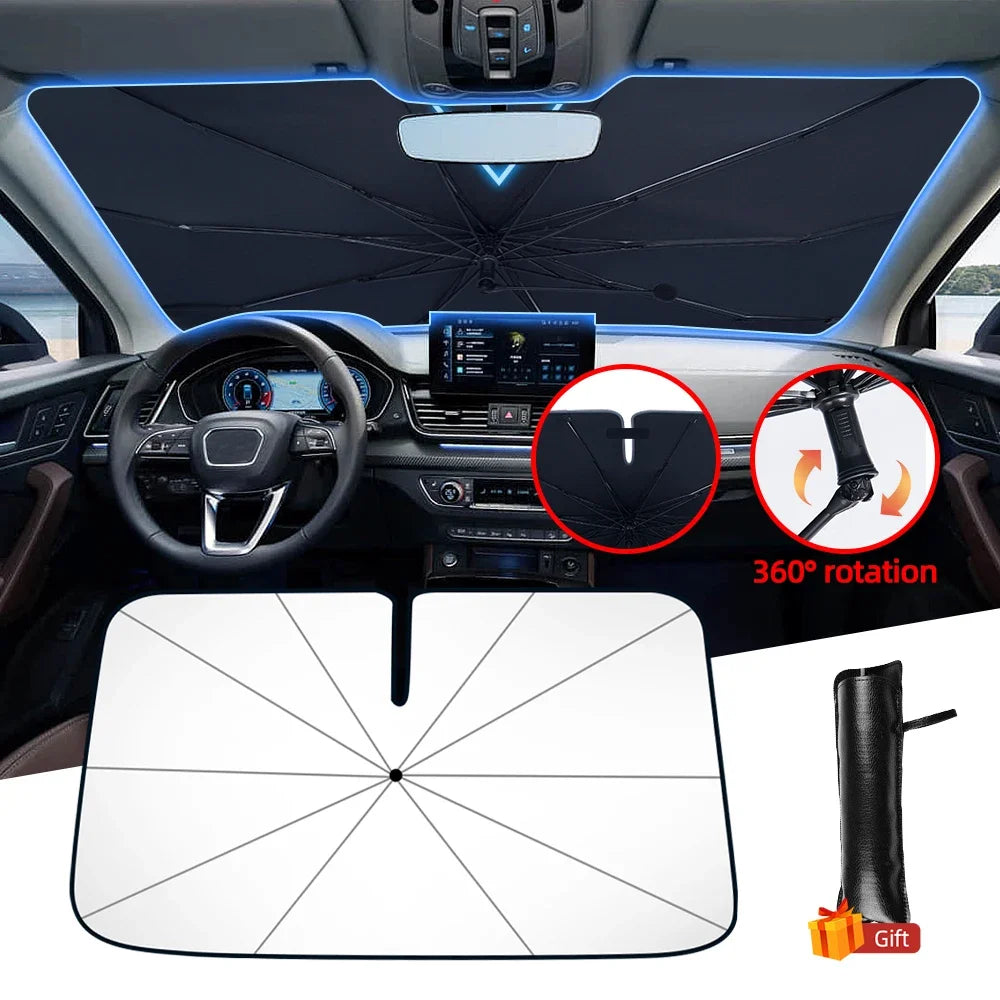 A foldable car windshield sun shade umbrella featuring a 360 rotation mechanism and an emergency hammer tool.