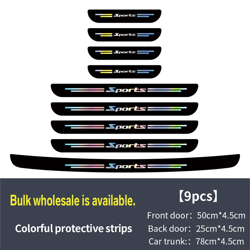 A stack of colorful protective strips for car door sills, showing various lengths and colors.