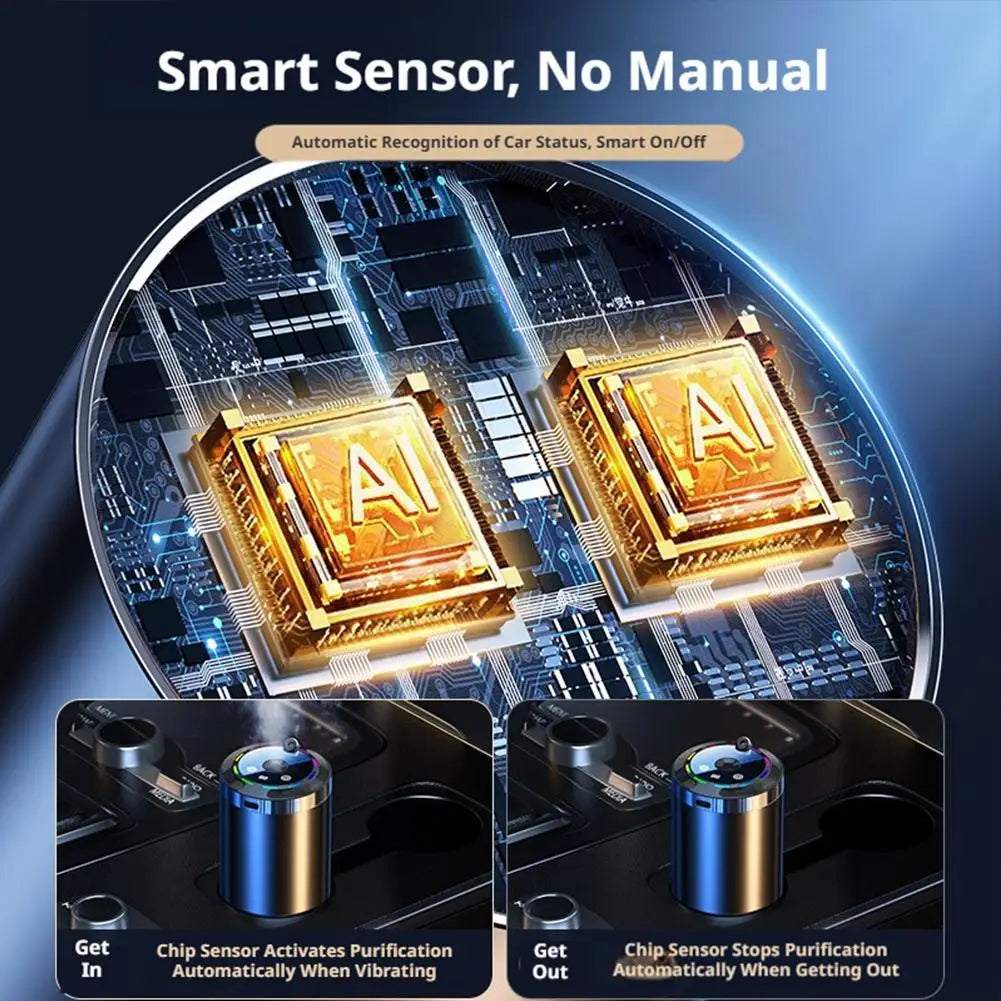 A smart sensor device for a car aroma diffuser showing chip sensor activation and deactivation features.